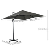 Outsunny 2.5 x 2.5m Patio Offset Parasol Umbrella Cantilever Hanging Aluminium Sun Shade Canopy Shelter 360 Rotation with Crank Handle and Cross Base, Grey