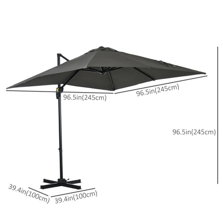 Outsunny 2.5 x 2.5m Patio Offset Parasol Umbrella Cantilever Hanging Aluminium Sun Shade Canopy Shelter 360 Rotation with Crank Handle and Cross Base, Grey