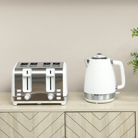 HOMCOM Stainless Steel Kettle and Toaster Set, 1.7L 3000W Rapid Boil Jug Kettle with UK Strix Thermostat, Limescale Filter, 4 Slice Toaster with 7 Browning Controls, Crumb Tray, White and Silver Tone