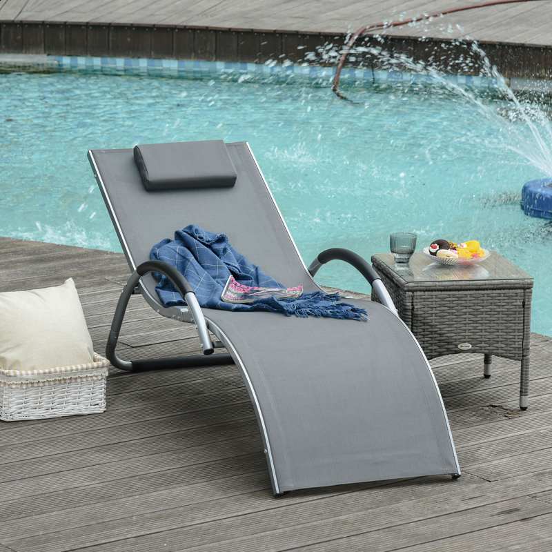 Outsunny Sun Lounger Reclining Chair Portable Armchair with Pillow for Garden Patio Outside Aluminium Frame, Dark Grey