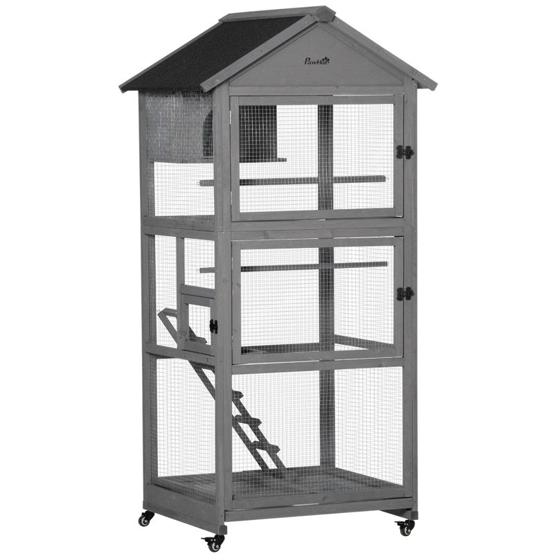 PawHut Bird Cage budgie cage Wooden Outdoor Aviary with Wheels  for Canary Finch with Asphalt Roof Perch Nest Ladder Slide-out Tray, Grey