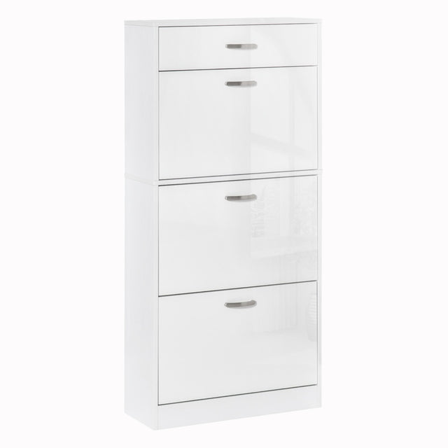 HOMCOM Shoe Cabinet with 3 Flip Drawers, High Gloss Shoe Storage Cabinet with Top Drawer and Adjustable Shelves, Shoe Cupboard for 18 Pairs, White