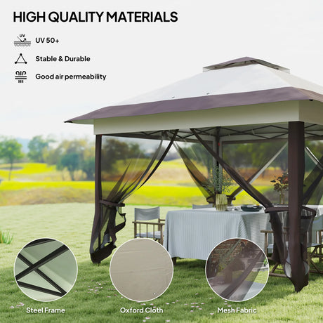 Outsunny 3.6 x 3.6 m Pop up Gazebo with Netting, Height Adjustable Party Tent Instant Canopy Sun Shade Shelter, Khaki