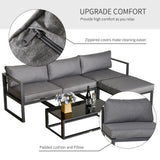 Outsunny 5 Pieces Outdoor Patio Furniture Set, Sofa Couch with Glass Coffee Table, Cushioned Chairs and Aluminum Tube, for Balcony Garden Backyard, Grey
