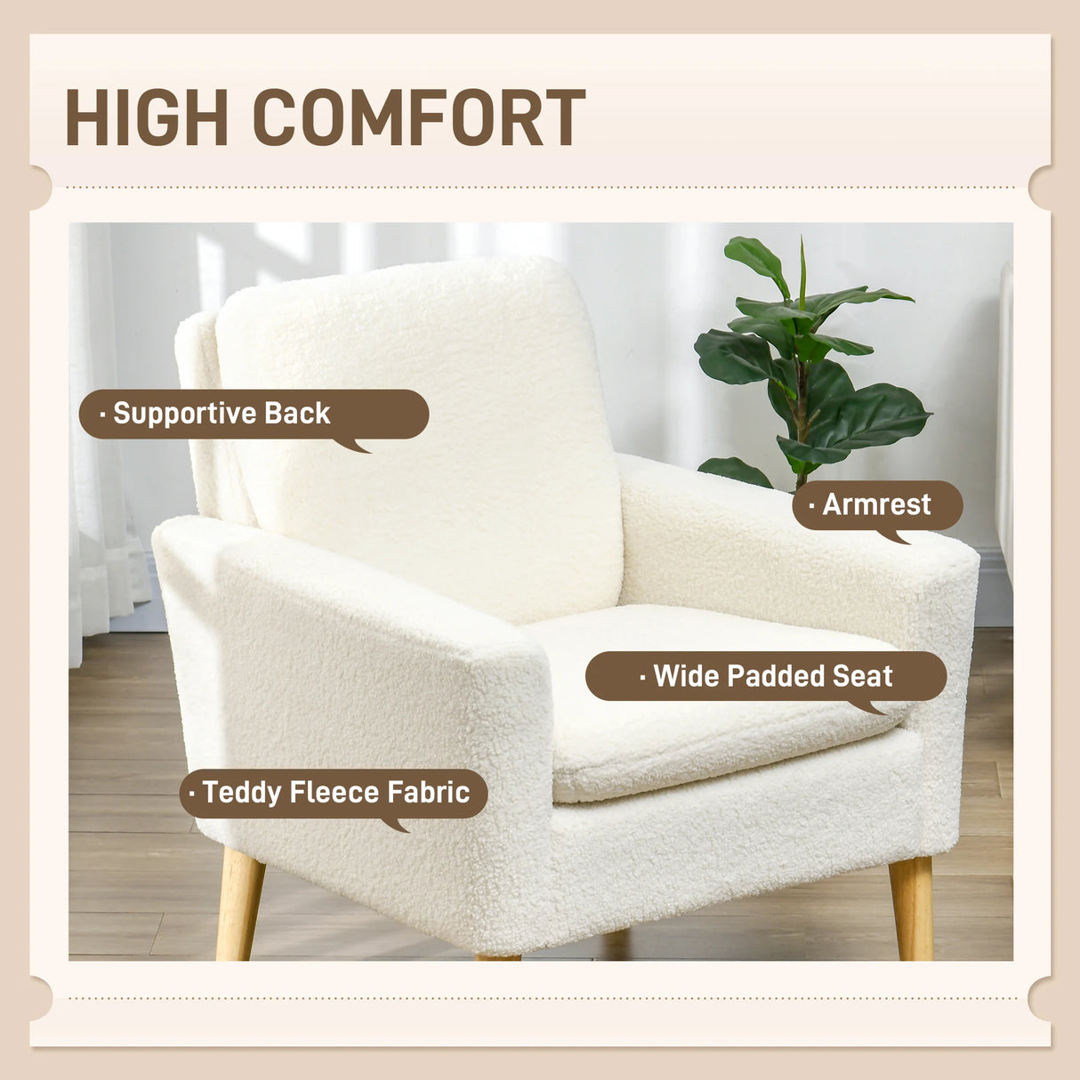 HOMCOM Armchair, Upholstered Accent Chair with Wood Legs and Wide Padded Seat, Teddy Occasional Chair, Cream White