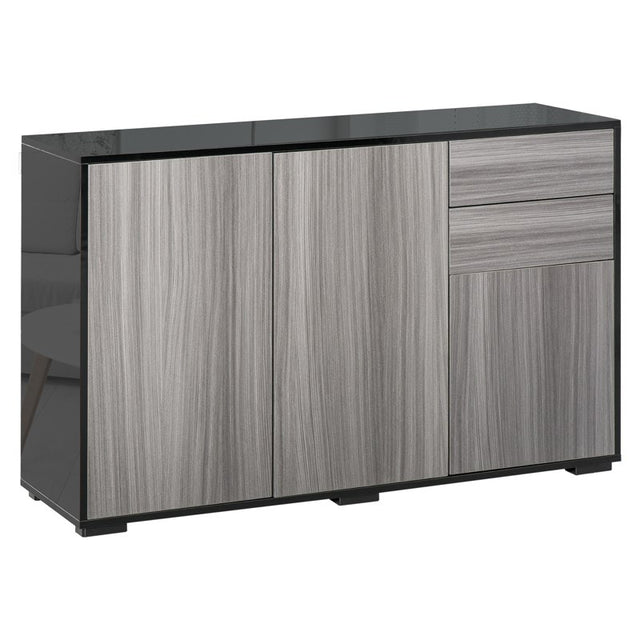 HOMCOM High Gloss Side Cabinet, Push-Open Design with 2 Drawers and 2 Cabinets for Living Room, 74H x 117W x 36Dcm, Light Grey and Black