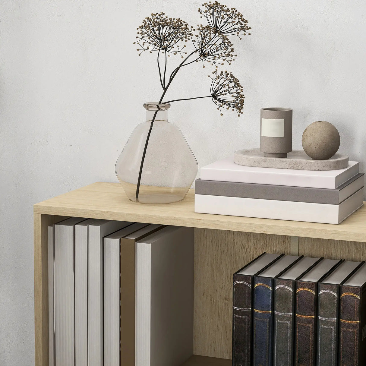 HOMCOM 2 Tier Bookshelf, Low Bookcase with Adjustable Shelf, 2 Compartments for Home Office, Living Room, Study, Natural