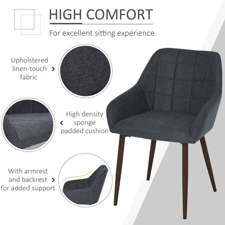HOMCOM 2 Pieces Linen-Touch Fabric Dining Chair with Grid Pattern Cushion and Backrest, Mid Back Leisure Chair with Steel Leg, Sponge Padded Armchair for Dining Room