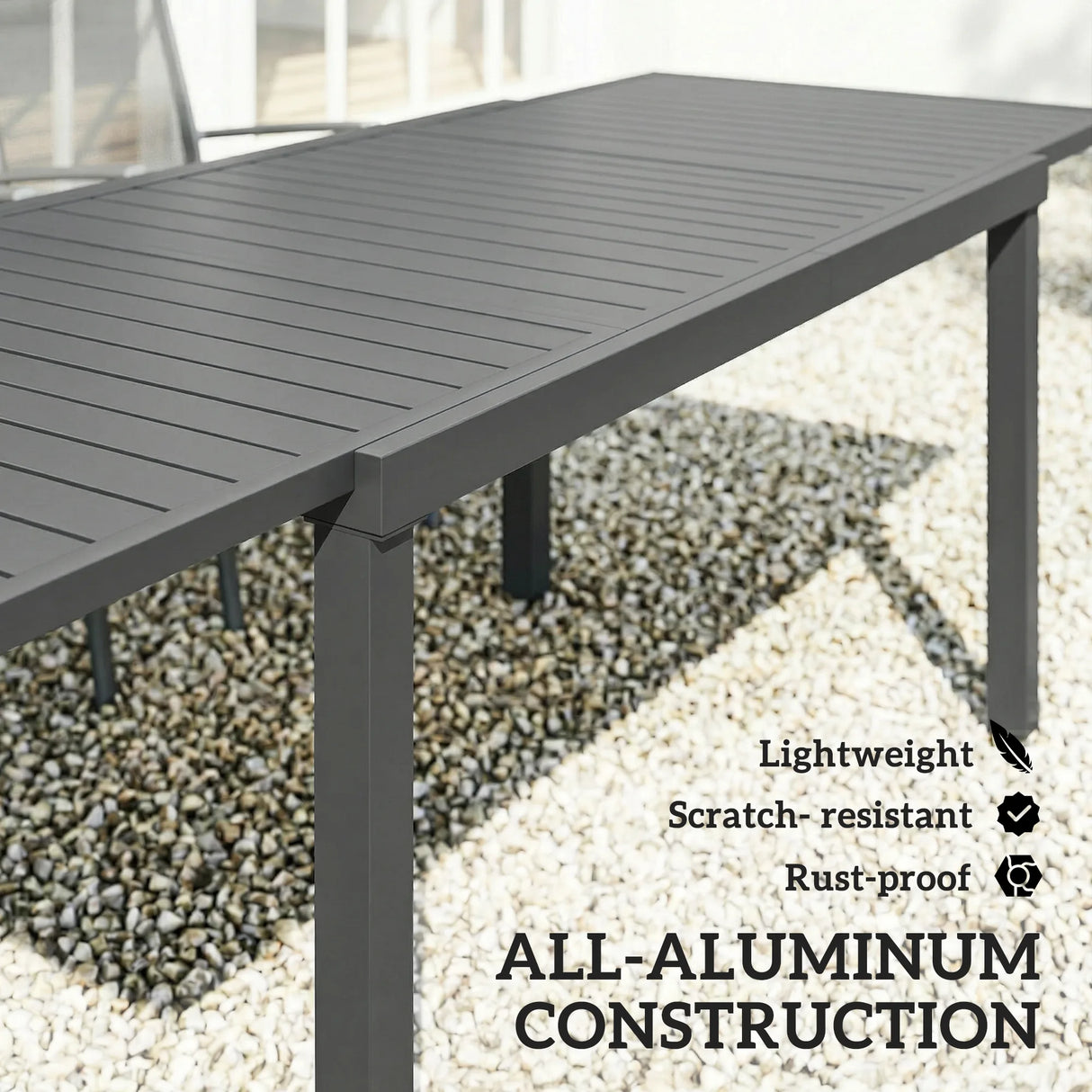 Outsunny Extending Garden Table for 6-8 People, Full Aluminium Outdoor Dining Table with Slatted Top, Dark Grey