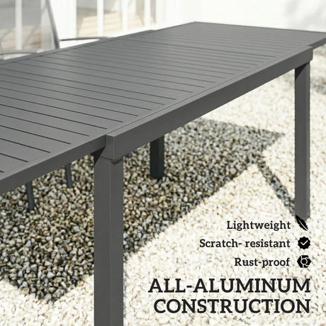 Outsunny Extending Garden Table for 6-8 People, Full Aluminium Outdoor Dining Table with Slatted Top, Dark Grey