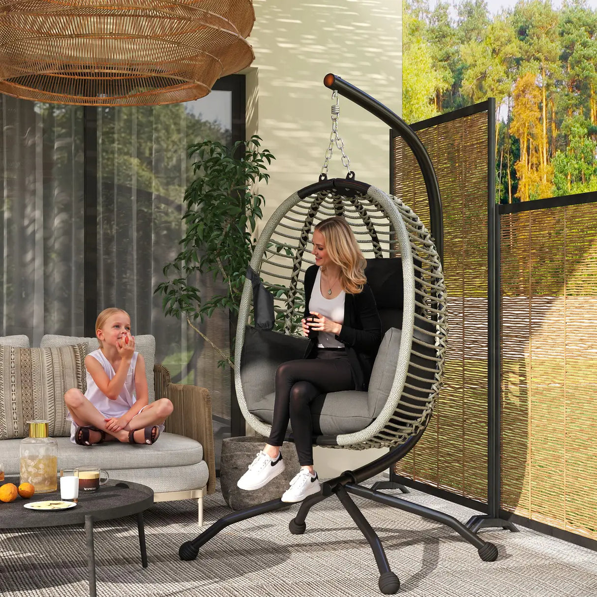 Outsunny Outdoor Swing Chair with Thick Padded Cushion, Patio Hanging Egg Chair with Metal Stand, Foldable Basket, Cup Holder, Rope Structure for Indoor & Outdoor, Dark Grey