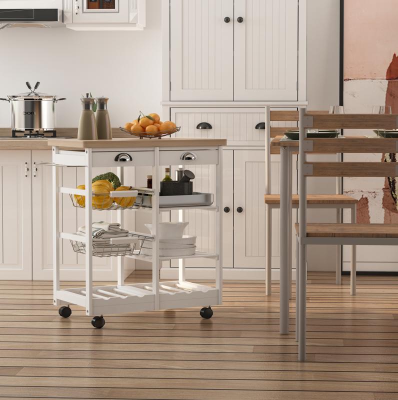 HOMCOM Rolling Kitchen Island Trolley Cart Drawer Shelves Basket Wheels W/  6 Bottle Wine Rack White