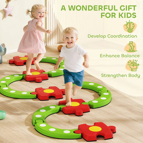 AIYAPLAY 13 PCS Kids Balance Beam Stepping Stones Set with Non-slip Textured Surface, Outdoor Indoor for Toddlers, Green