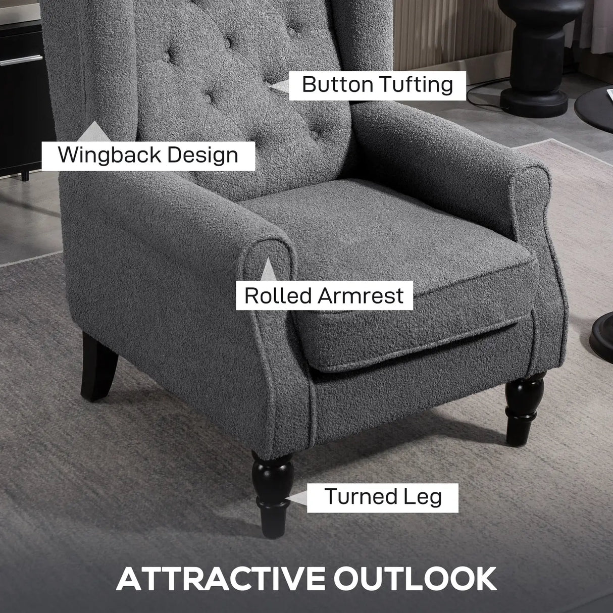HOMCOM Teddy Fleece Retro Wingback Chair - Grey