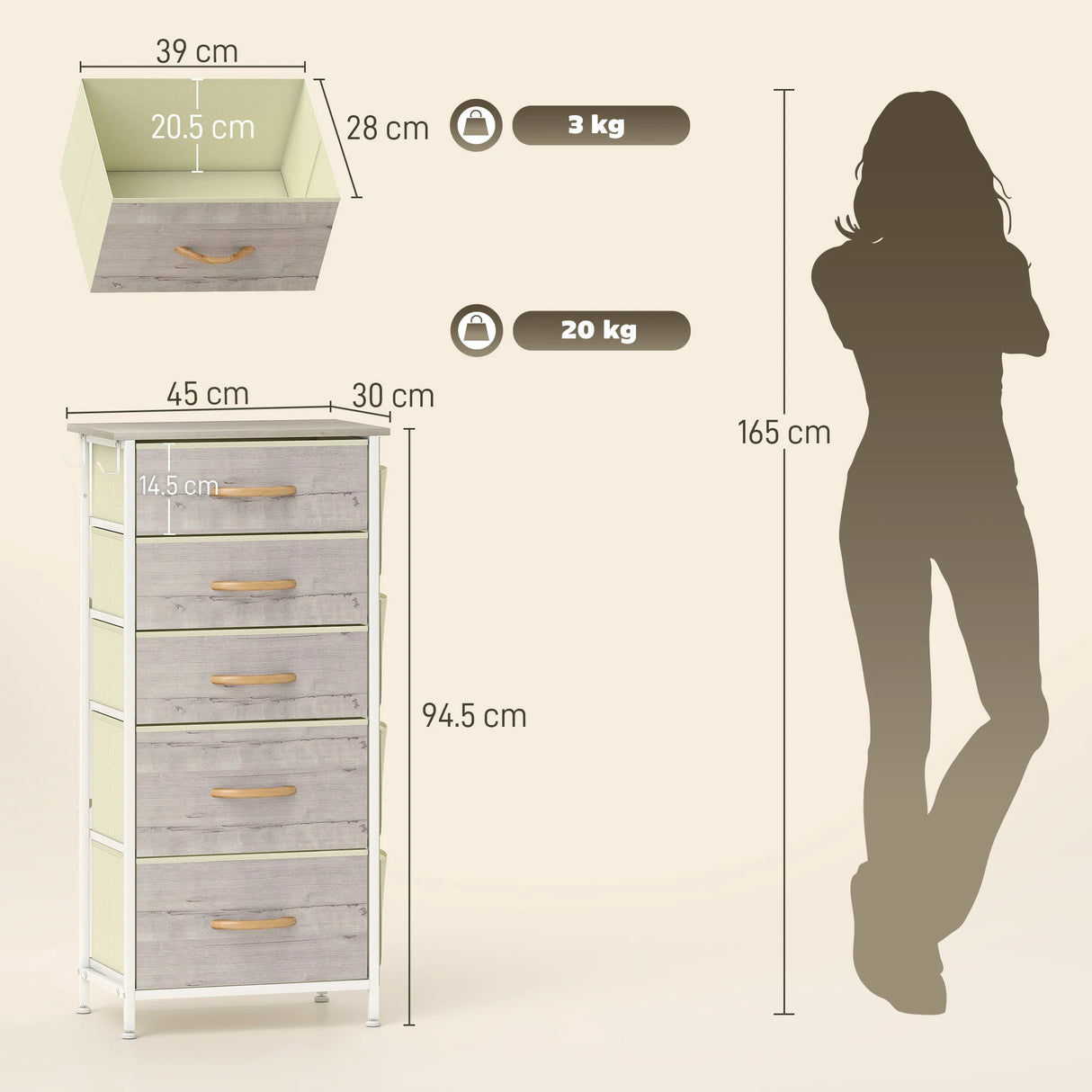 HOMCOM Chest of Five Fabric Drawers - Natural Wood Finish
