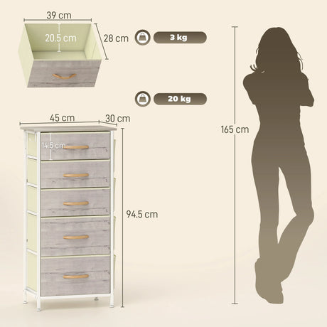 HOMCOM Chest of Five Fabric Drawers - Natural Wood Finish