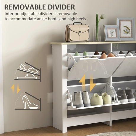 HOMCOM Slim Shoe Cabinet, Narrow Shoe Cupboard with 4 Flip Drawers, Adjustable Shelves for 16 Pairs of Shoes, White