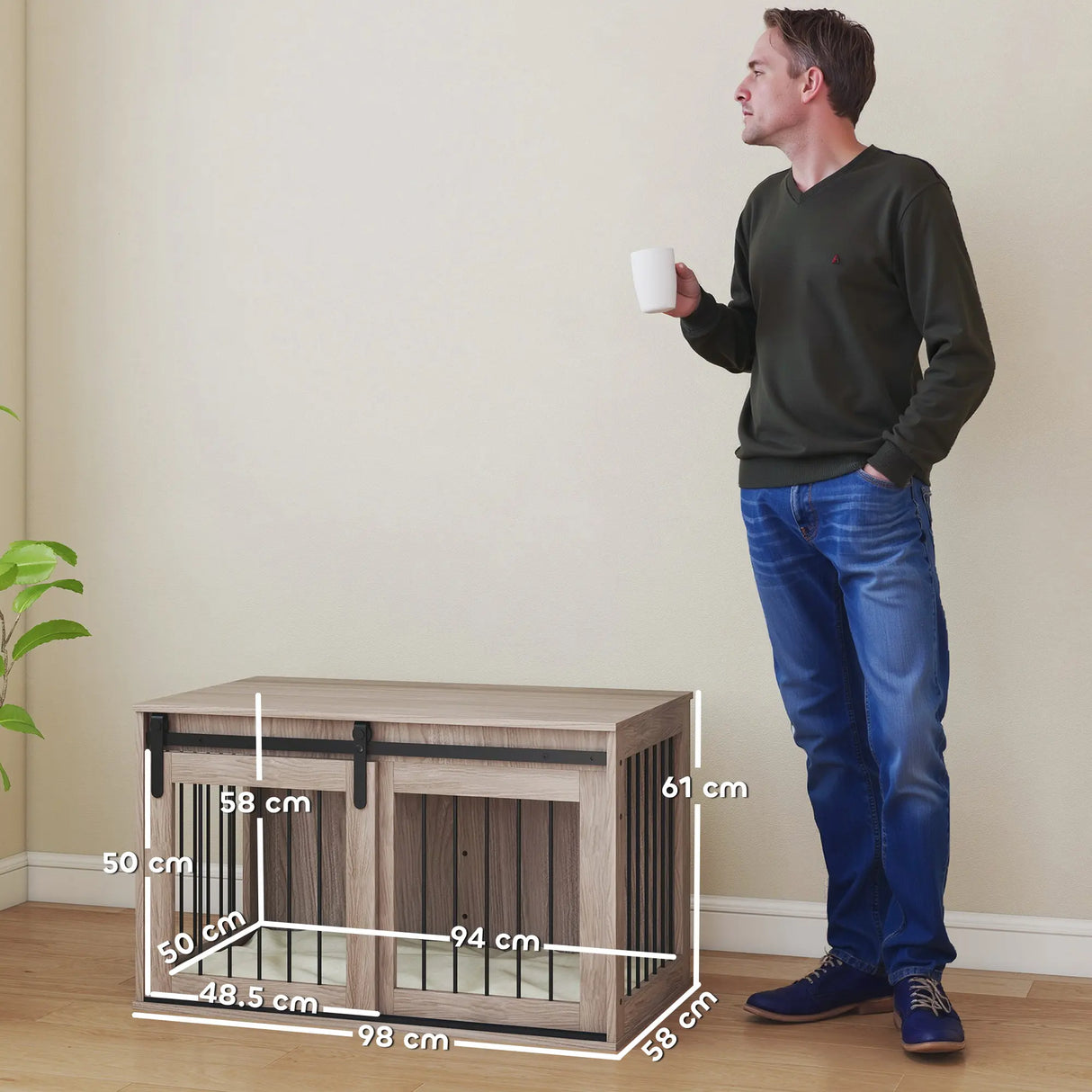 PawHut 98cm Dog Crate Furniture with Removable Cushion for Large Dogs - Brown