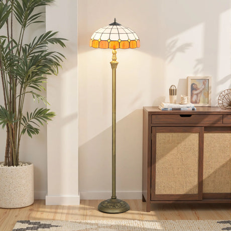 HOMCOM Tiffany-Style Floor Lamp with Handcrafted Stained Glass Shade, 152cm Tall Vintage Standing Lamp with Foot Switch and Dual Sockets for Living Room Bedroom, Bronze Tone and Orange
