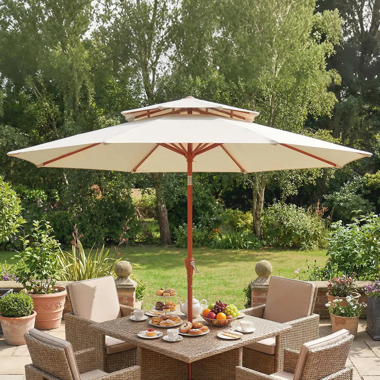 Outsunny 2.7 m Garden Parasol with Double Top Outdoor Market Table Umbrella with Crank System, Cream White