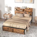 HOMCOM Industrial Double Bed Frame, 4.6FT Steel Bed Base with Storage Headboard, Footboard, Slatted Support and Under Bed Storage, 141 x 207cm, Rustic Brown