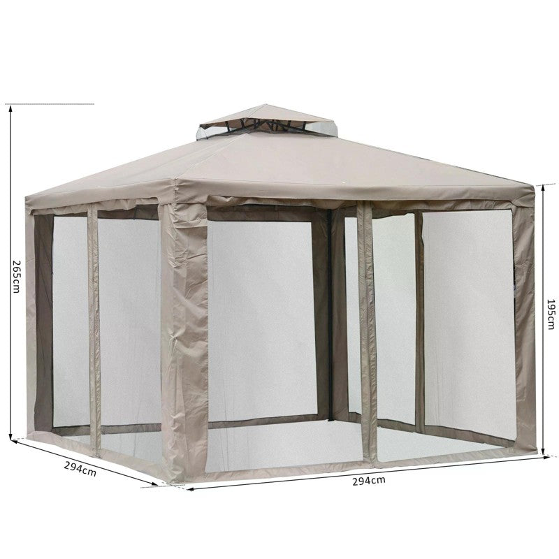 Outsunny Outdoor Gazebo, 2-tier Roof W/Netting, 295L x 295W x 263Hcm-Taupe