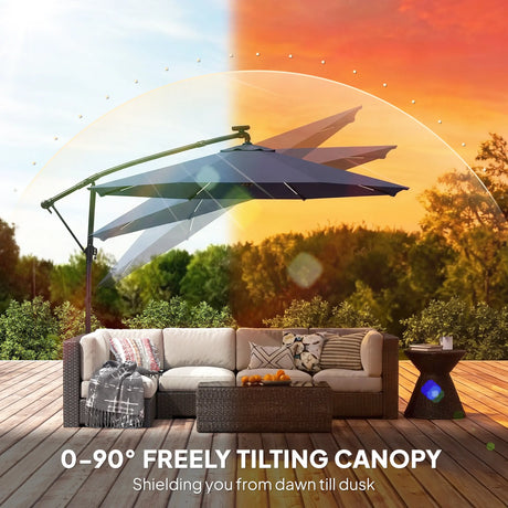 Outsunny 3 m Garden Cantilever Parasol with LED Solar Light, Round Overhanging Umbrella with 360 Rotation, Cover, Navy Blue