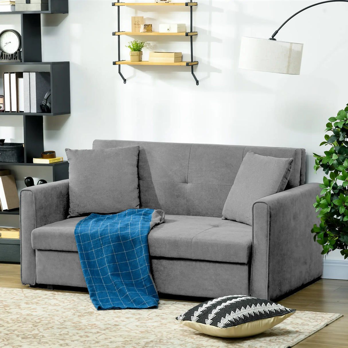 HOMCOM 2 Seater Sofa Bed, Convertible Bed Settee, Modern Velvet Loveseat Sofa Couch with 2 Cushions, Hidden Storage for Living Room, Guest Room, Grey