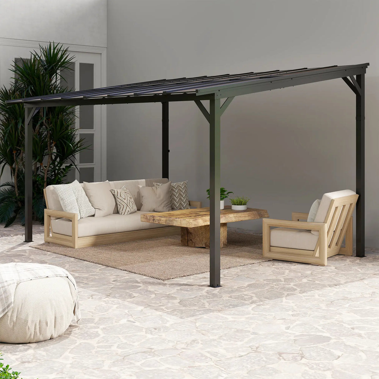 Outsunny 3 x 4.3m Metal Pergola with UPF 50+ and Waterproof Polycarbonate Roof, Wall-Mounted or Free Standing Garden Gazebo, Wind-resistant Outdoor Sun Shade, Dark Grey