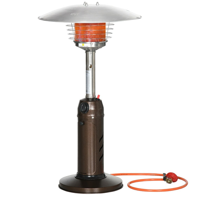 Outsunny Gas Patio Heater with Tip-over Protection, Outdoor Heater with Piezo Ignition, Adjustable Heat, Regulator and Hose for Garden, Camping, Road Trip, Brown