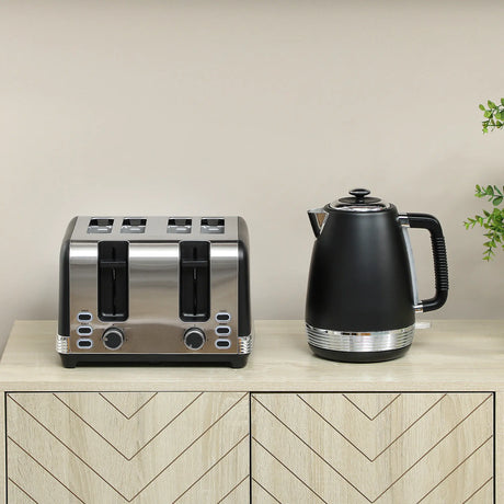 HOMCOM Stainless Steel Kettle and Toaster Set, 1.7L 3000W Rapid Boil Jug Kettle with UK Strix Thermostat, Limescale Filter, 4 Slice Toaster with 7 Browning Controls, Crumb Tray, Black and Silver Tone
