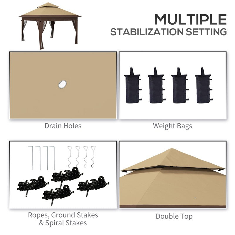 Outsunny 3 x 3(m) Pop Up Gazebo with Mosquito Netting, 1 Person Easy up Marquee Party Tent with 1-Button Push, Double Roof, Carry Bag, Sandbags, Height Adjustable Instant Shelter, Khaki