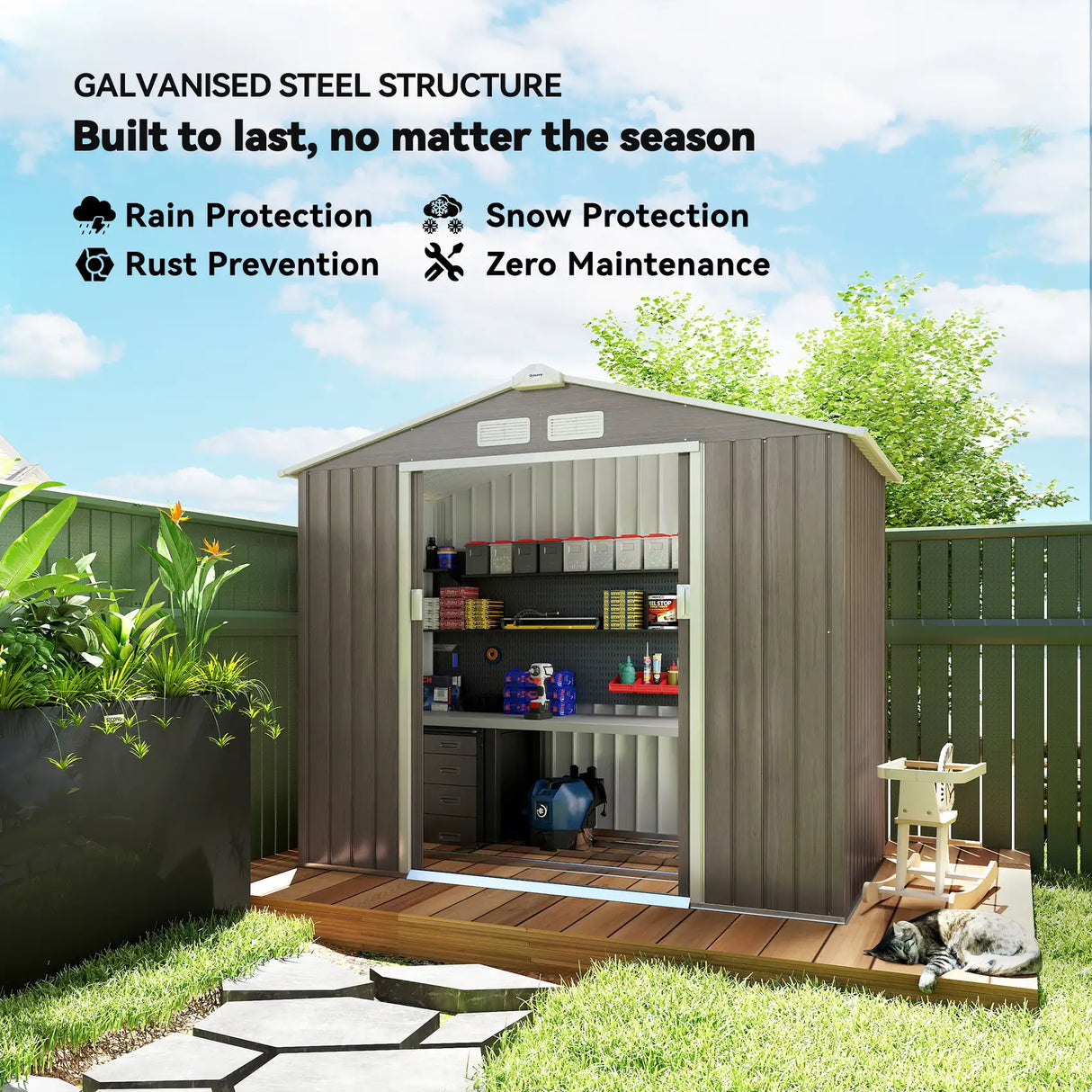 Outsunny 7 x 4ft Metal Garden Storage Shed with Vents, Floor Foundation Kit and Lockable Double Doors, Light Brown