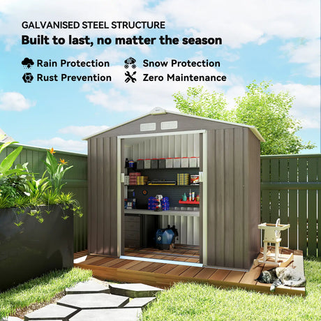 Outsunny 7 x 4ft Metal Garden Storage Shed with Vents, Floor Foundation Kit and Lockable Double Doors, Light Brown