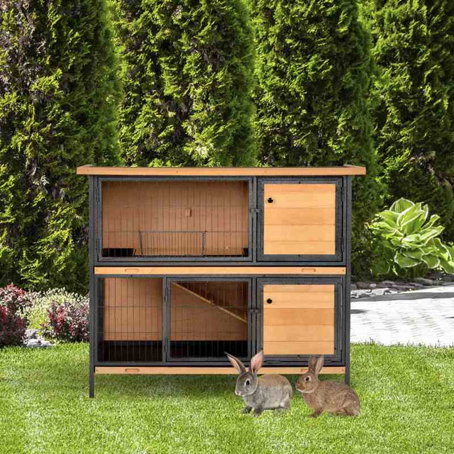 PawHut Wooden Metal Guinea Pigs Hutches Pet House Bunny w/ Slide-Out Tray Outdoor Light Yellow,black