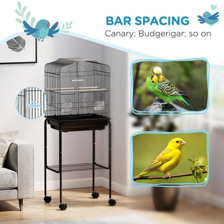 PawHut Bird Cage Budgie Cages for Finch Canary Parakeet with Stand Wheels Slide-out Tray Accessories Storage Shelf, Black