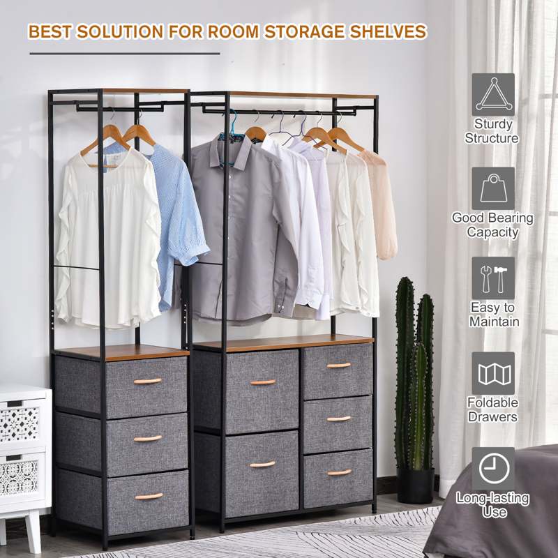 HOMCOM Chest of Drawers with Coat rack Steel Frame 5 Drawers  Bedroom Hallway Home Furniture Black Brown