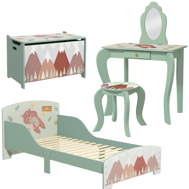 ZONEKIZ Kids Bedroom Furniture Set Includes Bed Frame, Kids Toy Chest, Dressing Table with Mirror and Stoolfor Ages 3-6 Years, Green