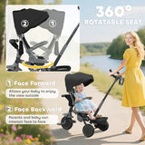 AIYAPLAY 6 in 1 Foldable Kids Trike with Adjustable Parent Handle & Canopy for Ages 1-5, Black