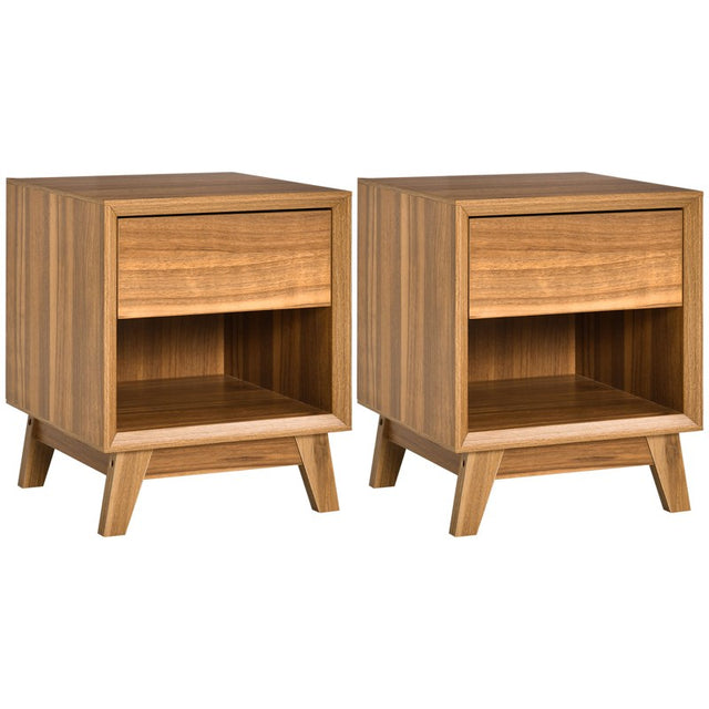 HOMCOM Modern Bedside Table Nightstand, Living Room End Table, Side Table with Drawer and Shelf, Set of 2, Walnut Brown