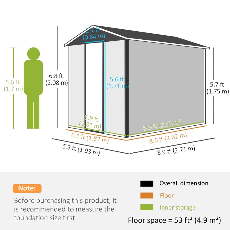 Outsunny 9x 6FT Metal Outdoor Garden Shed, Galvanised Tool Storage Shed w/ Sloped Roof, Lockable Door for Patio Lawn, Dark Grey