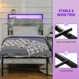 HOMCOM Single Steel Bed Frame, with LED Lights and Headboard Shelf - Grey