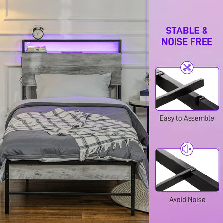 HOMCOM Single Steel Bed Frame, with LED Lights and Headboard Shelf - Grey
