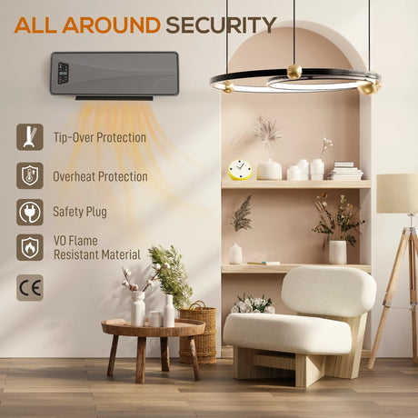 HOMCOM 2000W Ceramic Electric Heater with Fan, Adjustable Thermostat, Wall Mounted - Grey
