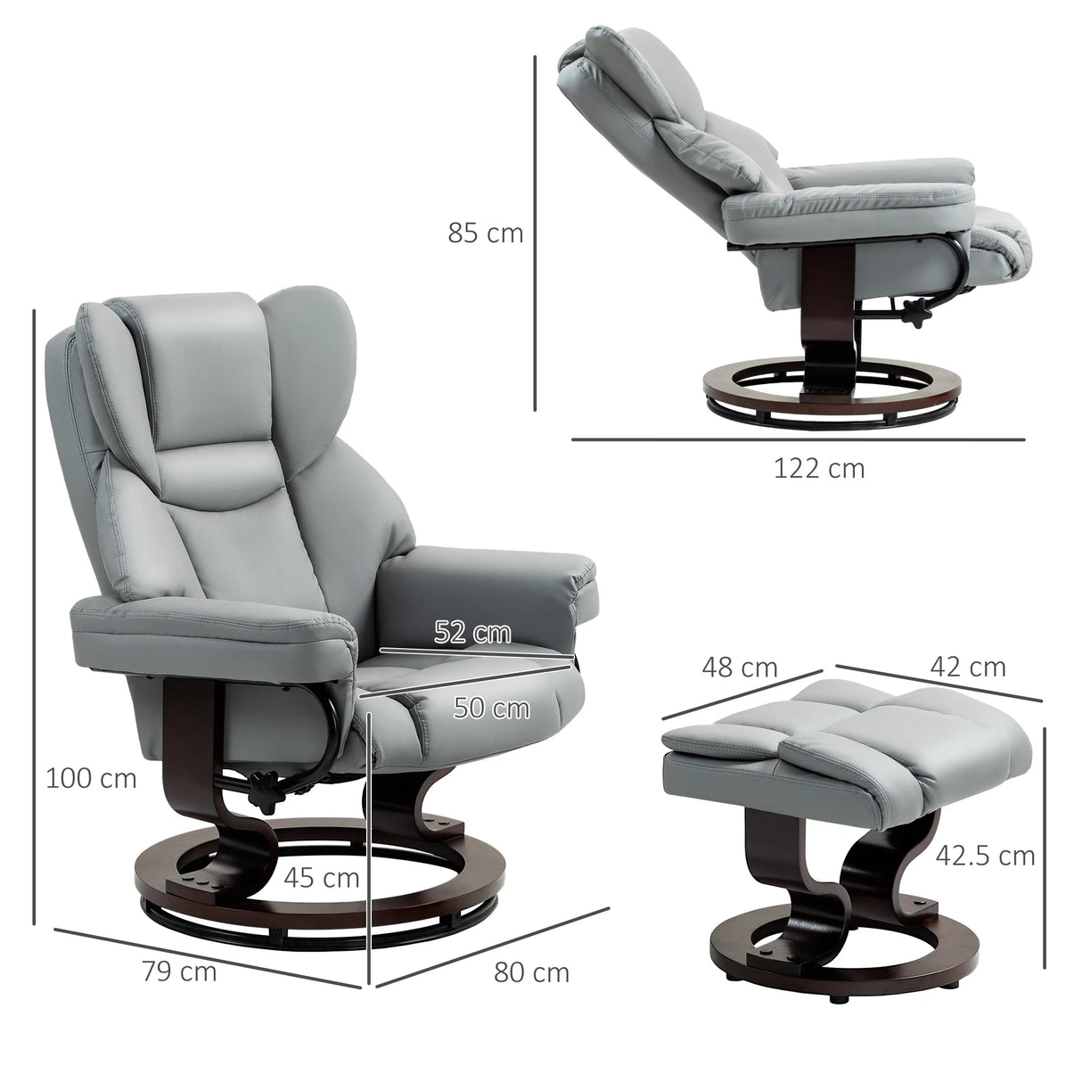 HOMCOM 360 Swivel Recliner Chair with Footstool, PU Leather Manual Recliner Armchair with Footstool, Solid Wood Base, Upholstered Reclining Chair for Living Room, Bedroom, Office, Light Grey