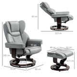 HOMCOM 360 Swivel Recliner Chair with Footstool, PU Leather Manual Recliner Armchair with Footstool, Solid Wood Base, Upholstered Reclining Chair for Living Room, Bedroom, Office, Light Grey
