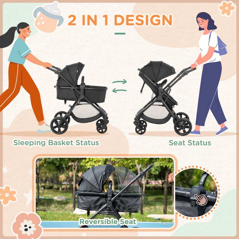 HOMCOM Foldable Baby Stoller, with Reclining Backrest, Adjustable Canopy, for Ages 0-36 Months - Black