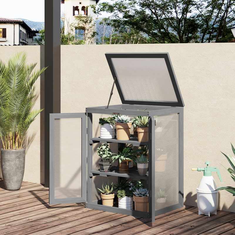 Outsunny 3-tier Wood Greenhouse Garden Polycarbonate Cold Frame Balcony Grow House w/ Storage Shelf for Plants, Flowers, Dark Grey