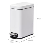 HOMCOM 5L Rectangular Compact Bin Steel Body Removable Bucket Quiet-Close Lid w/ Pedal Lid Rubbish Trash Can Home Office Bedroom Bathroom Living Room Garbage Tidy Clean White