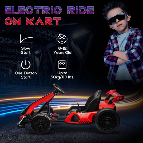 HOMCOM 24V Electric Go Kart for Kids with Adjustable Seat for 6-12 Years, Red